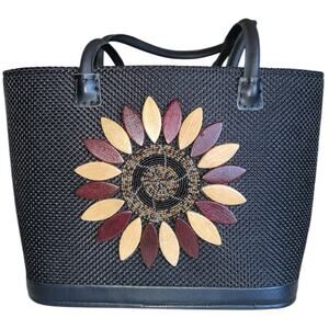 Black Woven Structured Wooden Daisy with Beading African Tote Bag